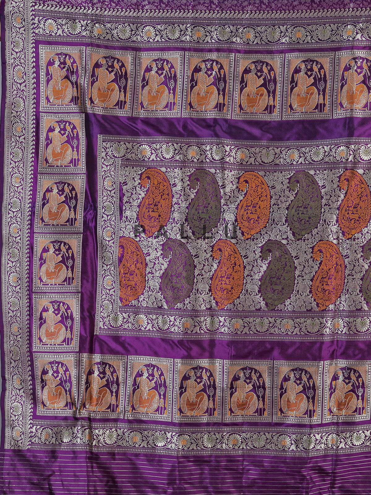 Dark purple banarasi silk saree with intricate zari motifs