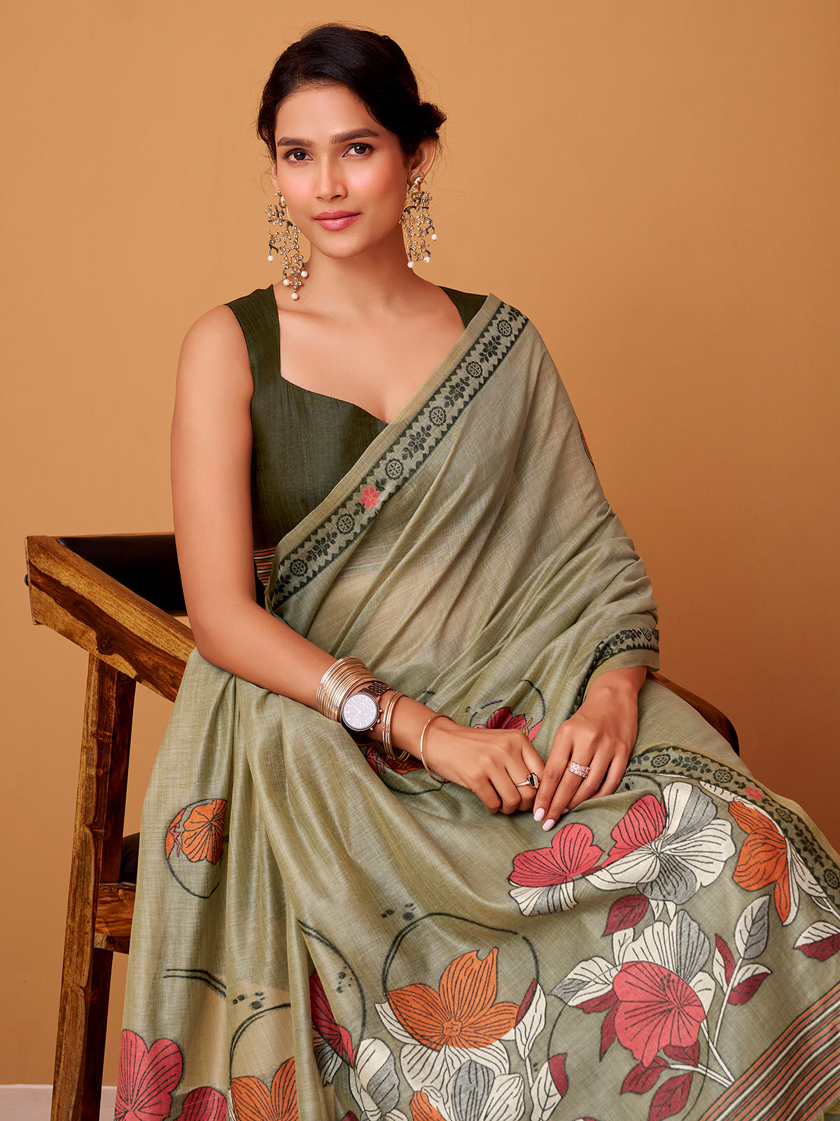 Sage green floral jamdani cotton festive saree