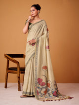 Light beige floral jamdani cotton festive saree