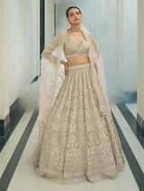 Beige net embroidered bridal lehenga choli for engangement
