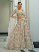 Beige net embroidered bridal lehenga choli for engangement