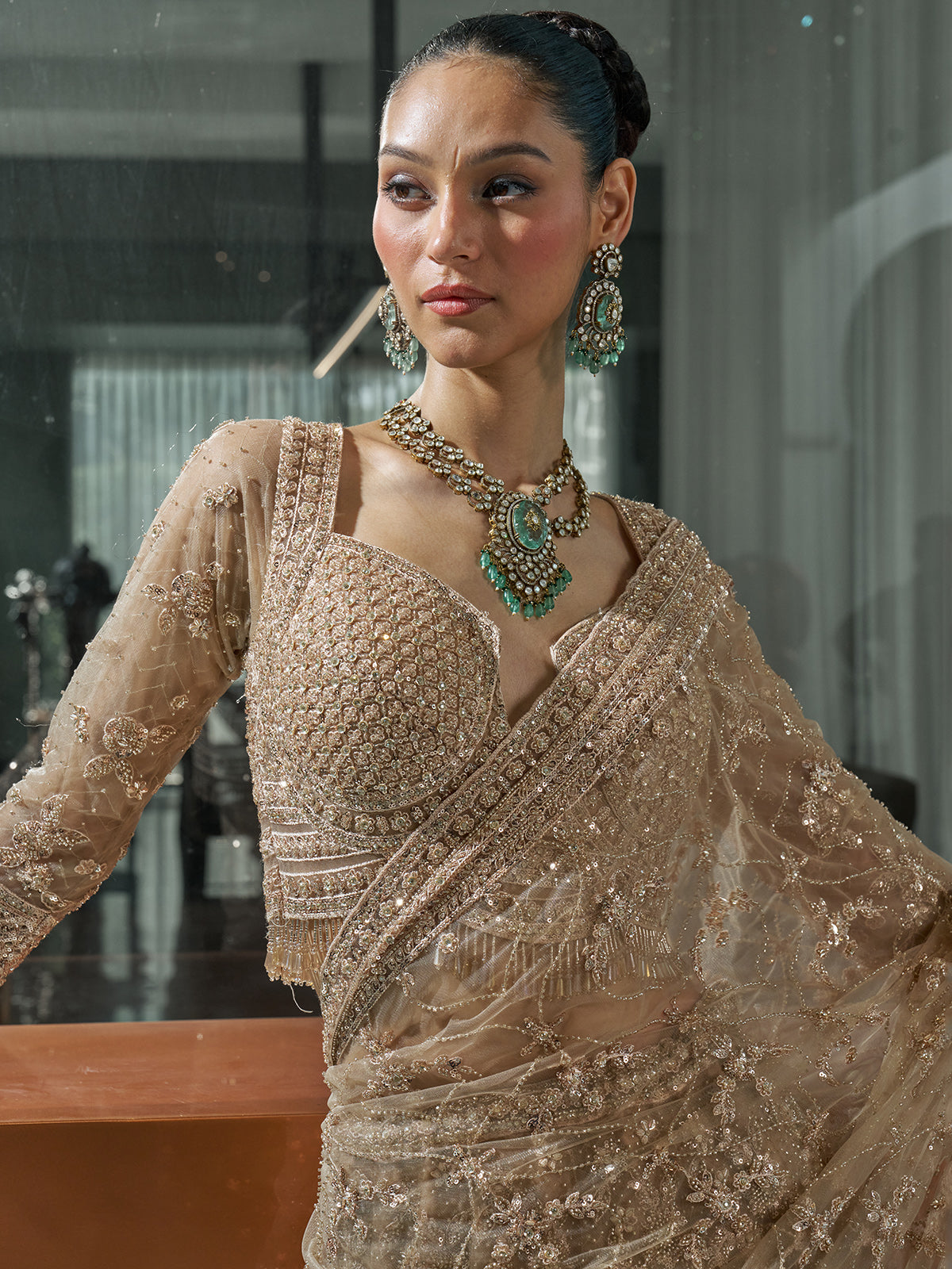 Dark beige net bridal lehenga choli for reception