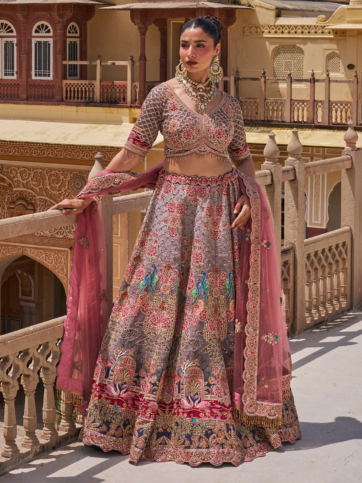 Multi color silk net lehenga choli with resham and sequins