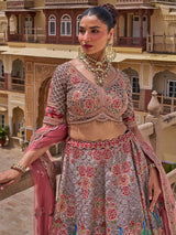 Multi color silk net lehenga choli with resham and sequins