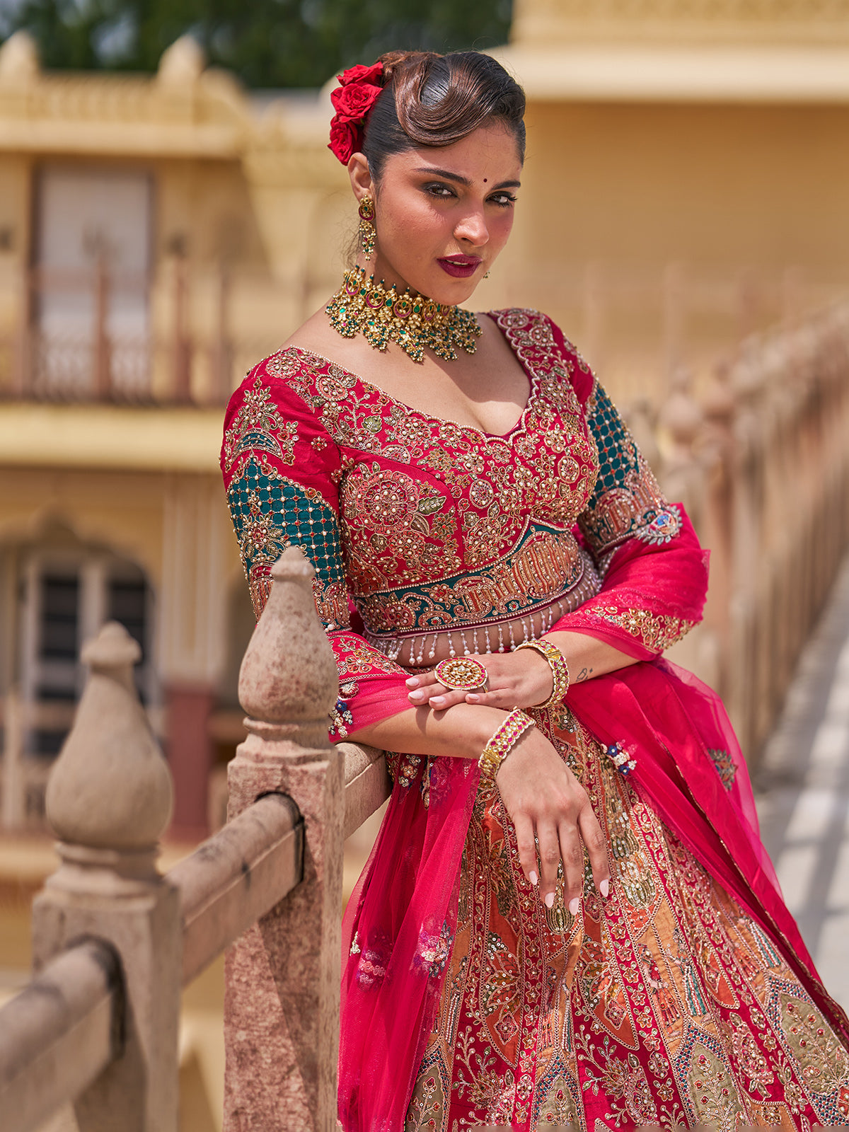 Crimson red silk net bridal lehenga choli