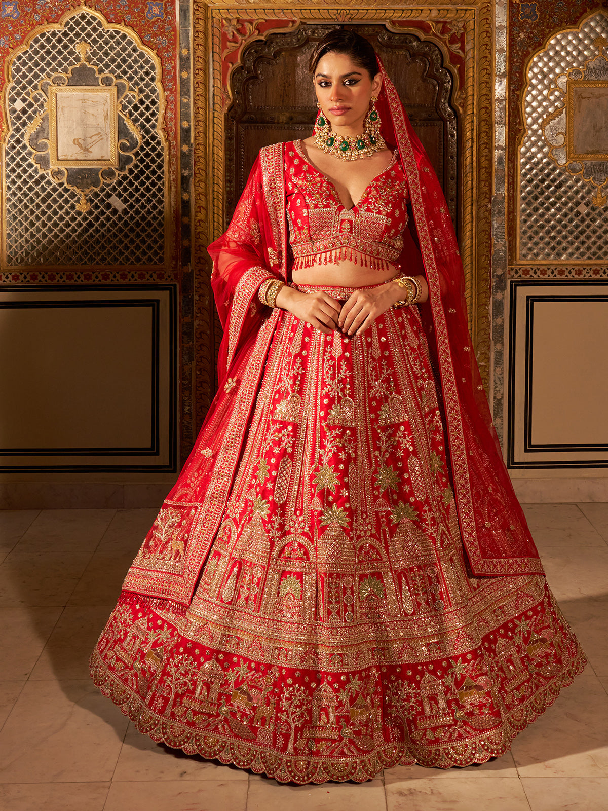 Classic red silk heavy bridal lehenga choli with net dupatta