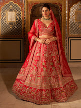 Classic red silk heavy bridal lehenga choli with net dupatta