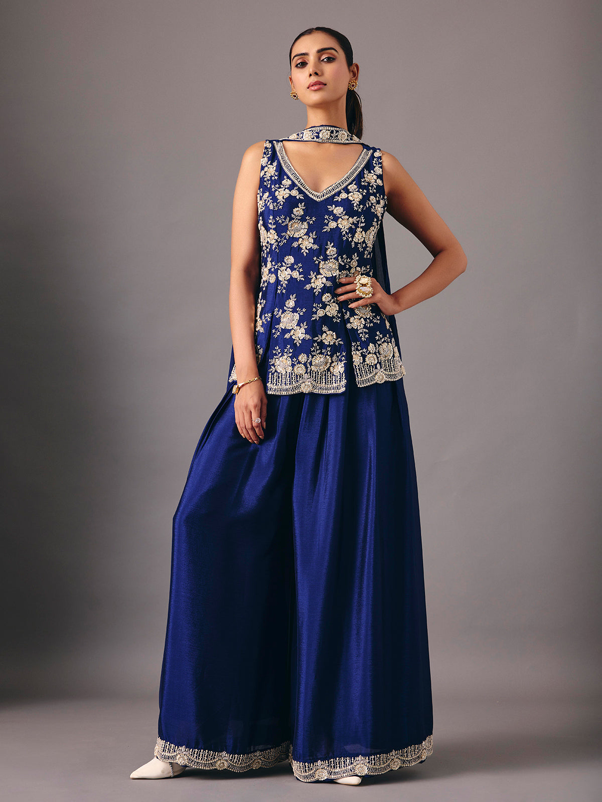 Navy blue silk palazzo suit elegant festive style