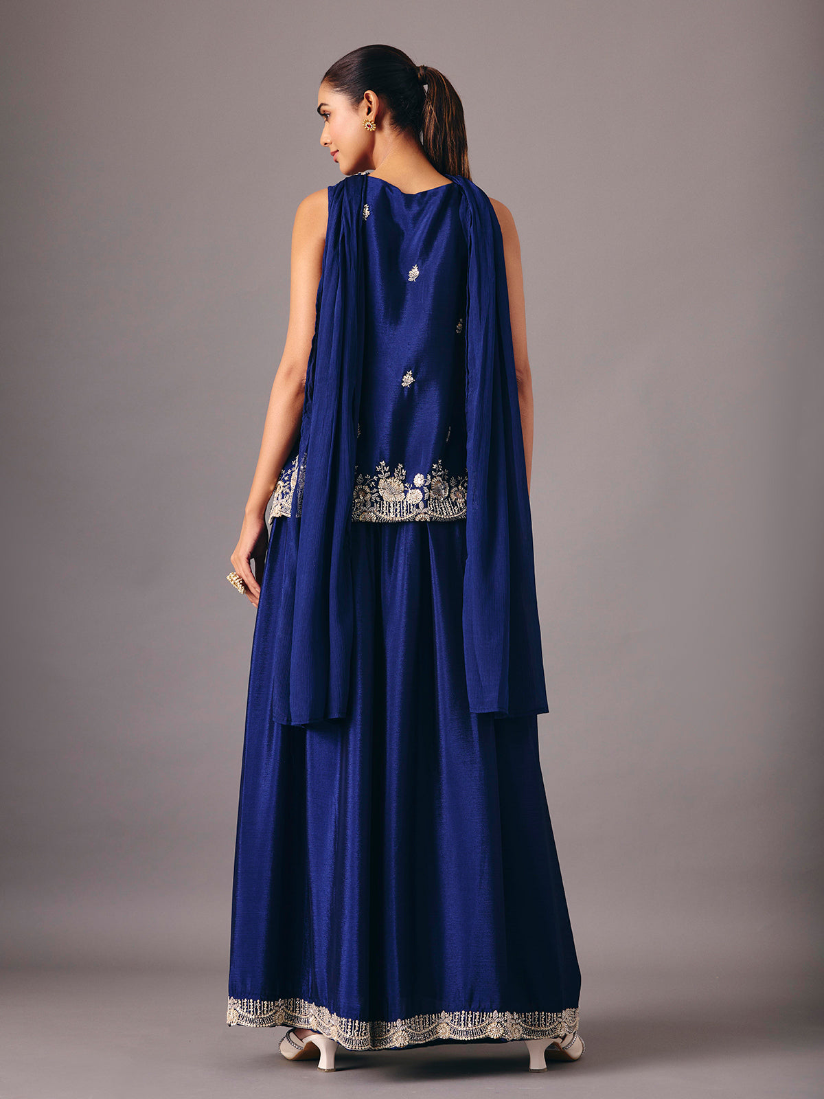 Navy blue silk palazzo suit elegant festive style
