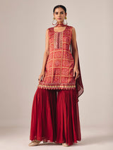 Maroon bandhej printed sharara suit with dupatta