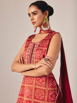 Maroon bandhej printed sharara suit with dupatta