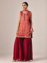 Maroon bandhej printed sharara suit with dupatta