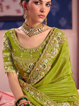 Green viscose zari tissue saree with embellished border