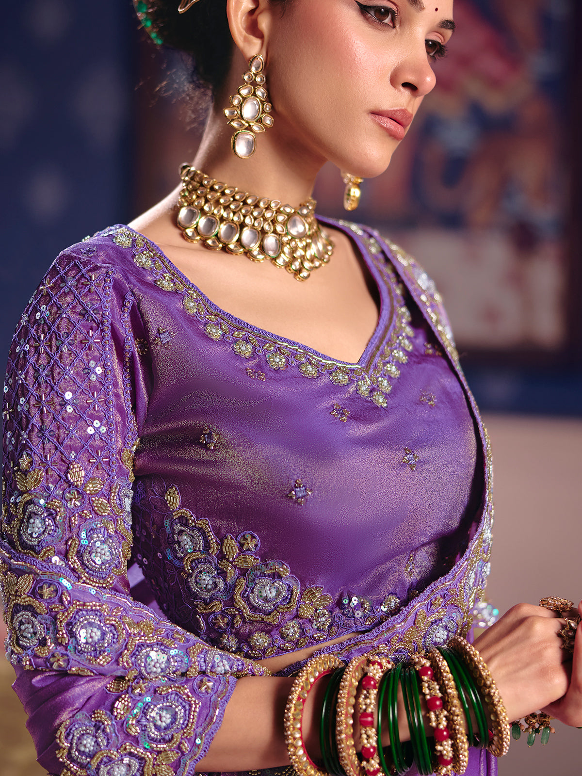 Purple viscose zari tissue saree with embellished border