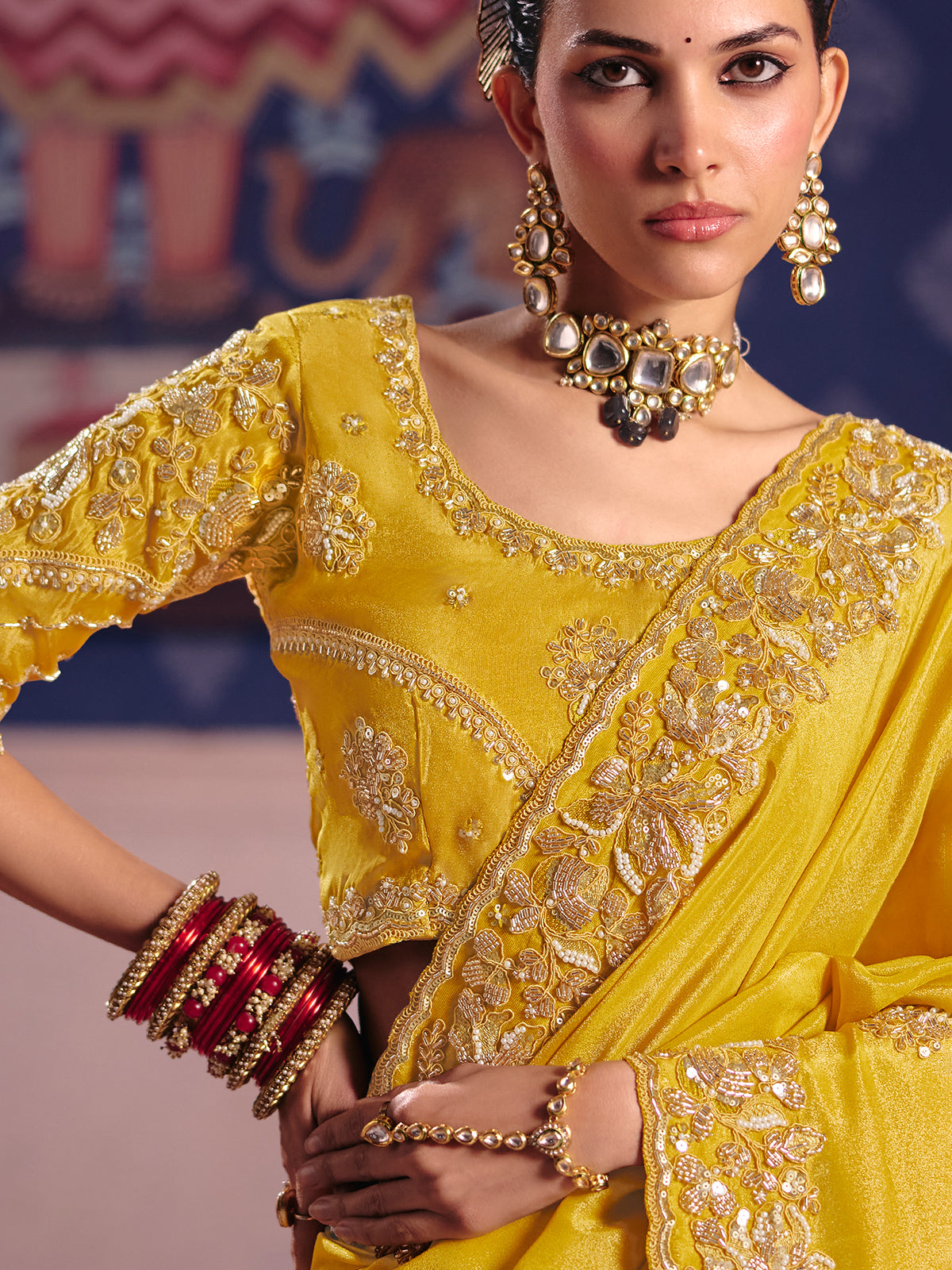 Yellow viscose zari tissue saree with embellished border