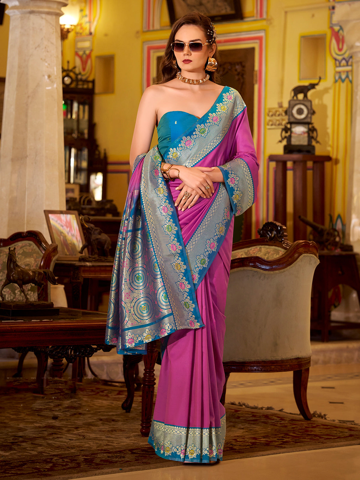 Rani pink soft silk contrast zari festive saree