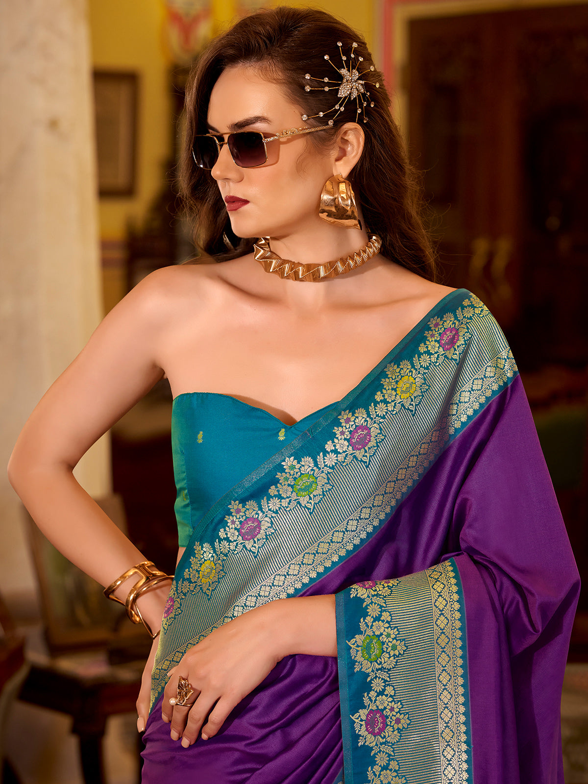Purple soft silk contrast zari occasion saree