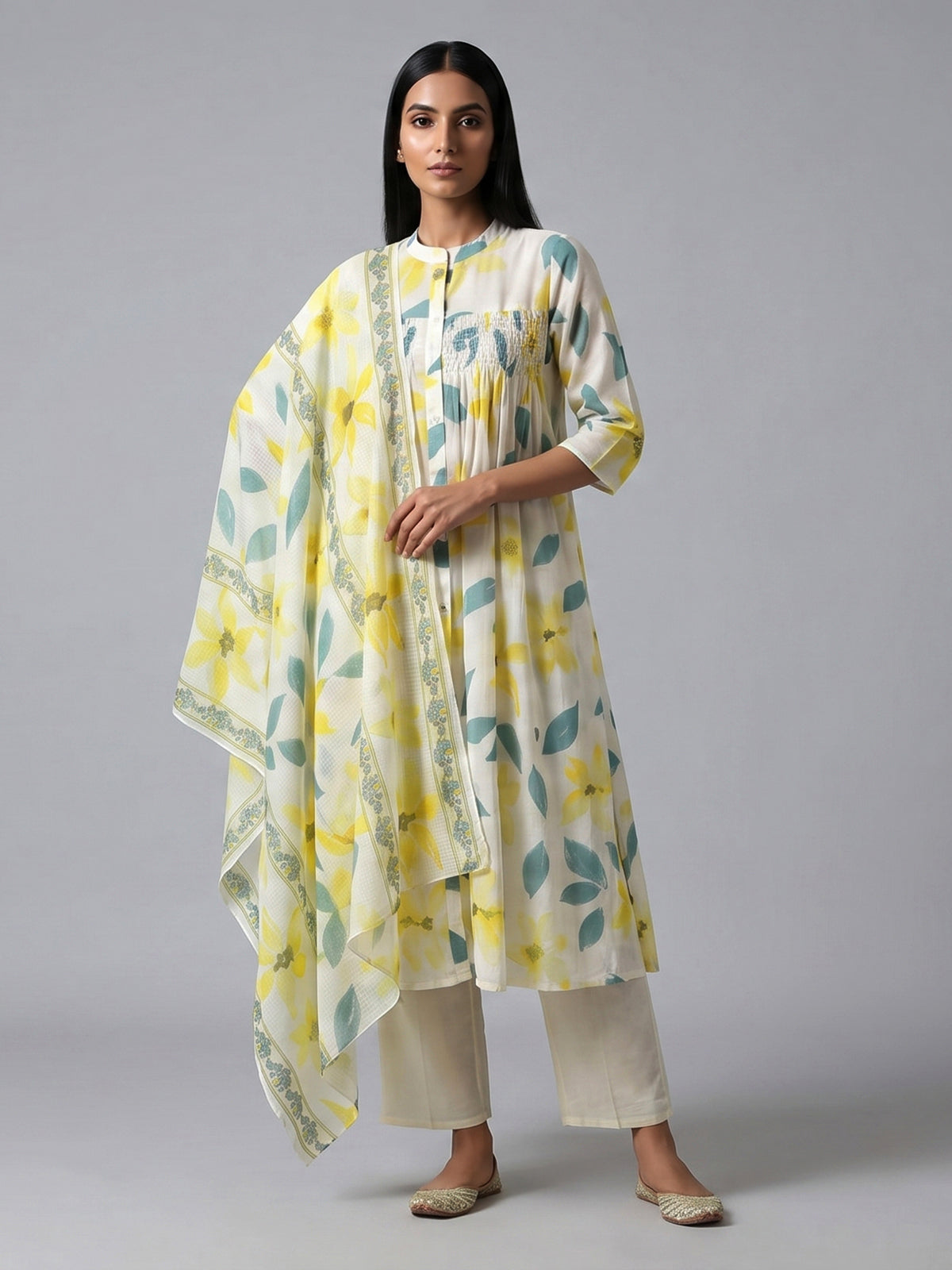 Off white cotton kurti set with floral print
