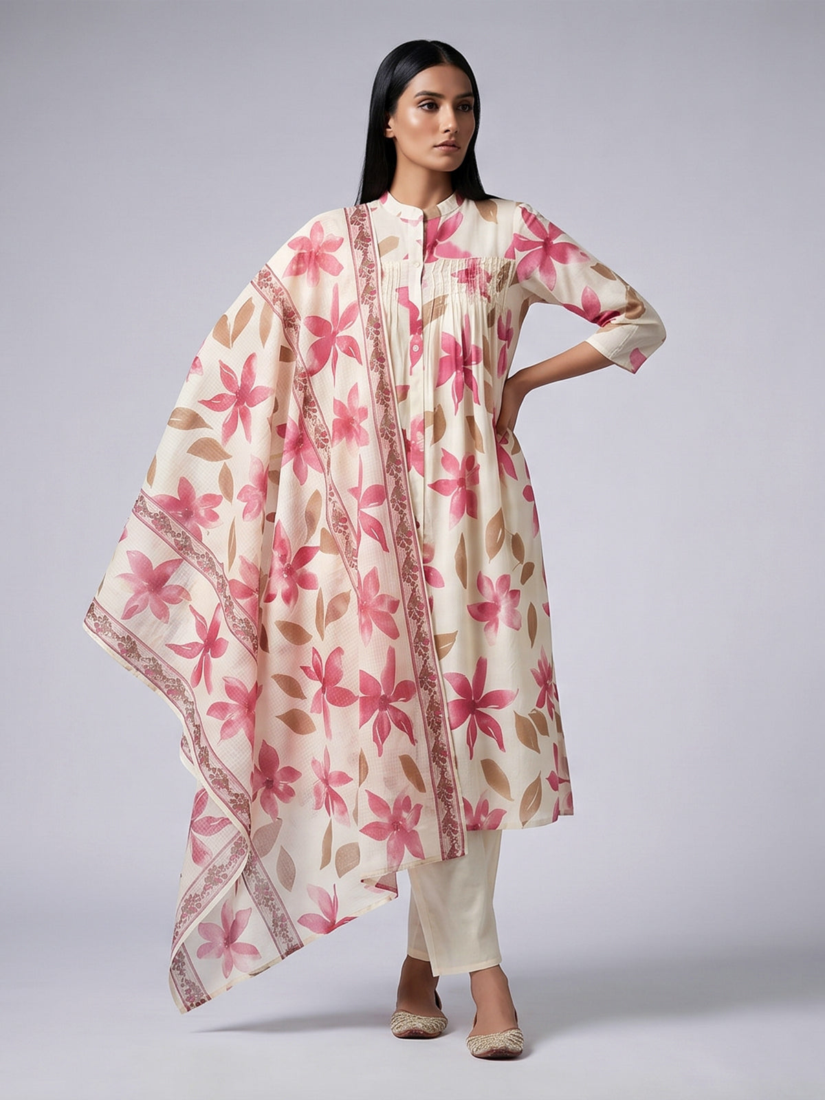 Off white cotton kurti set with pink floral print