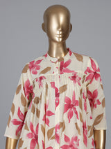 Off white cotton kurti set with pink floral print