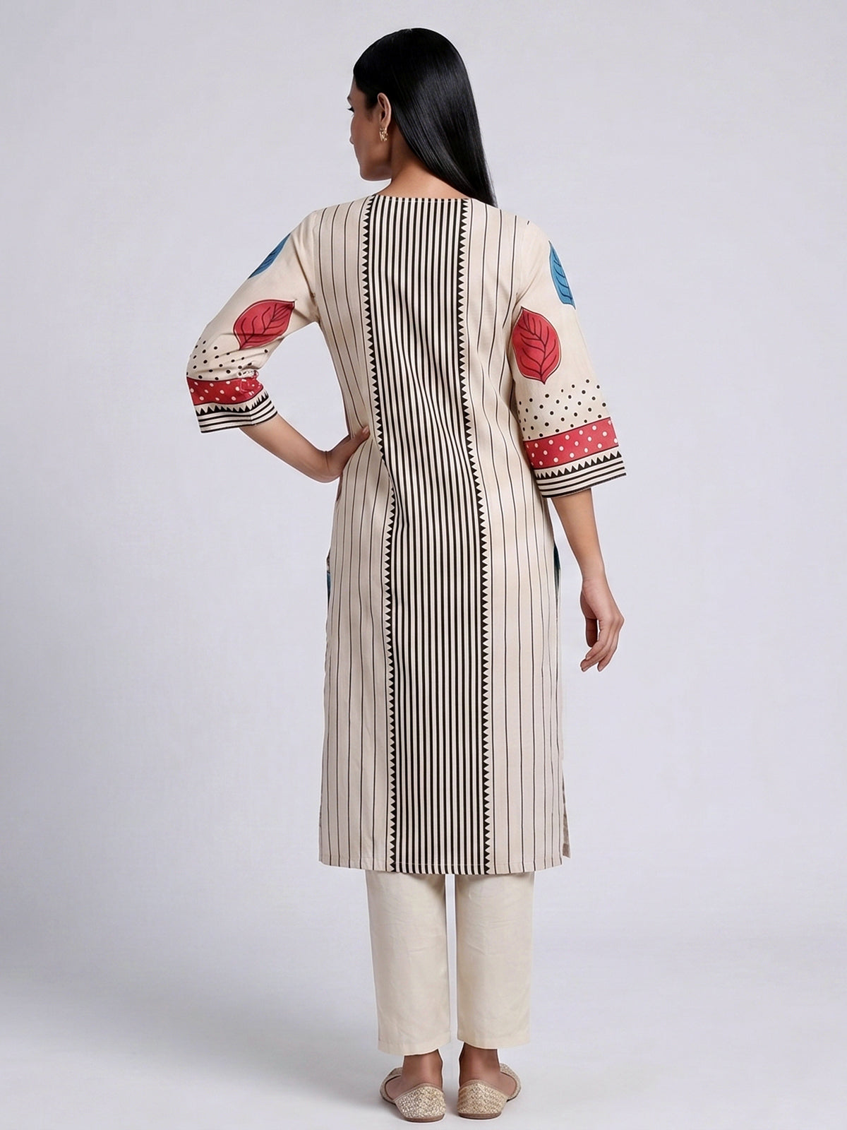 Beige silk straight cut kurti set with print