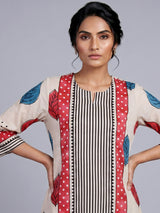 Beige silk straight cut kurti set with print