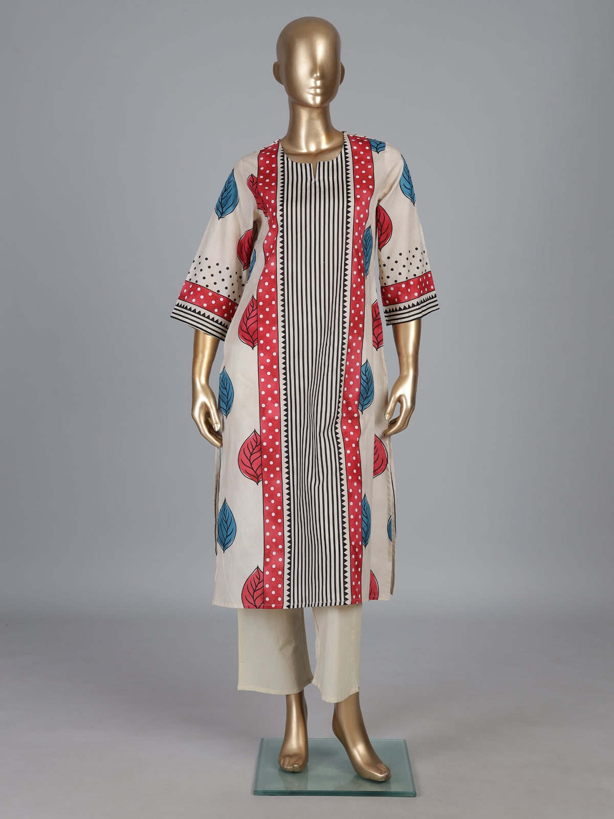 Beige silk straight cut kurti set with print