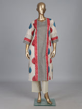Beige silk straight cut kurti set with print