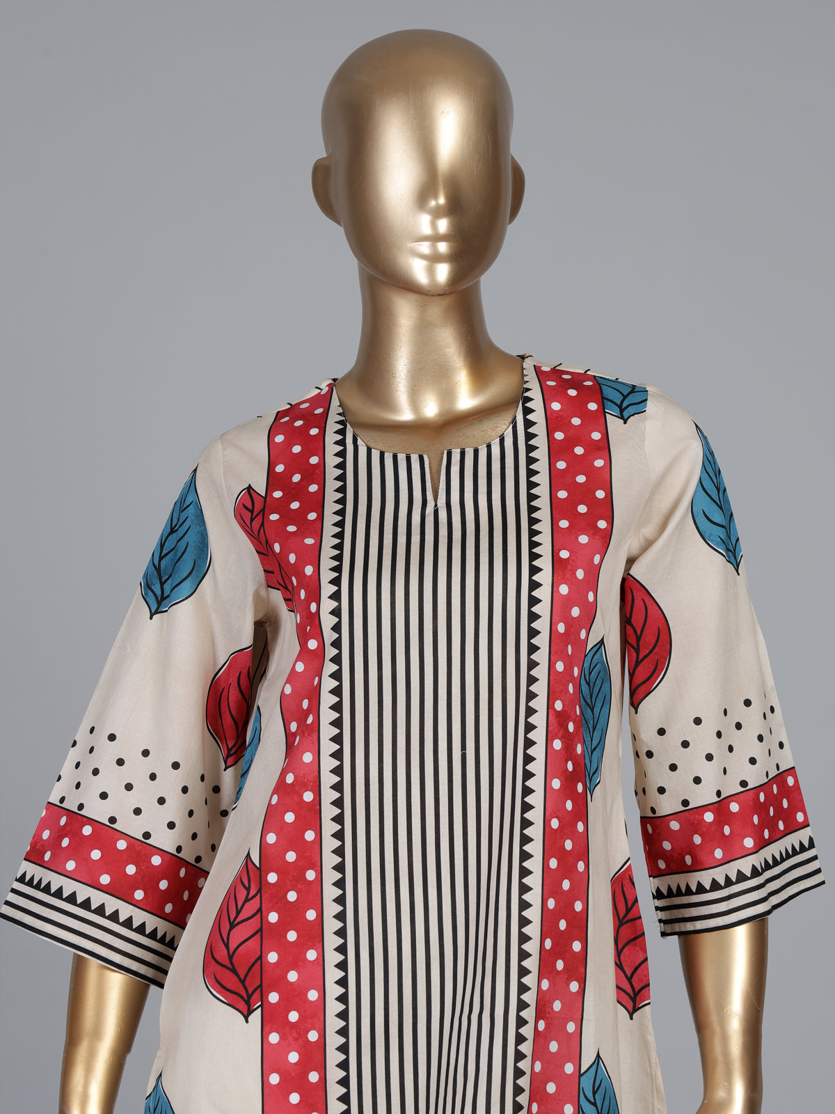 Beige silk straight cut kurti set with print