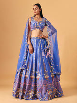 Royal blue silk lehenga choli with pearl embellished artistry