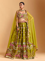 Mehendi olive raw silk lehenga choli with mirror detailing