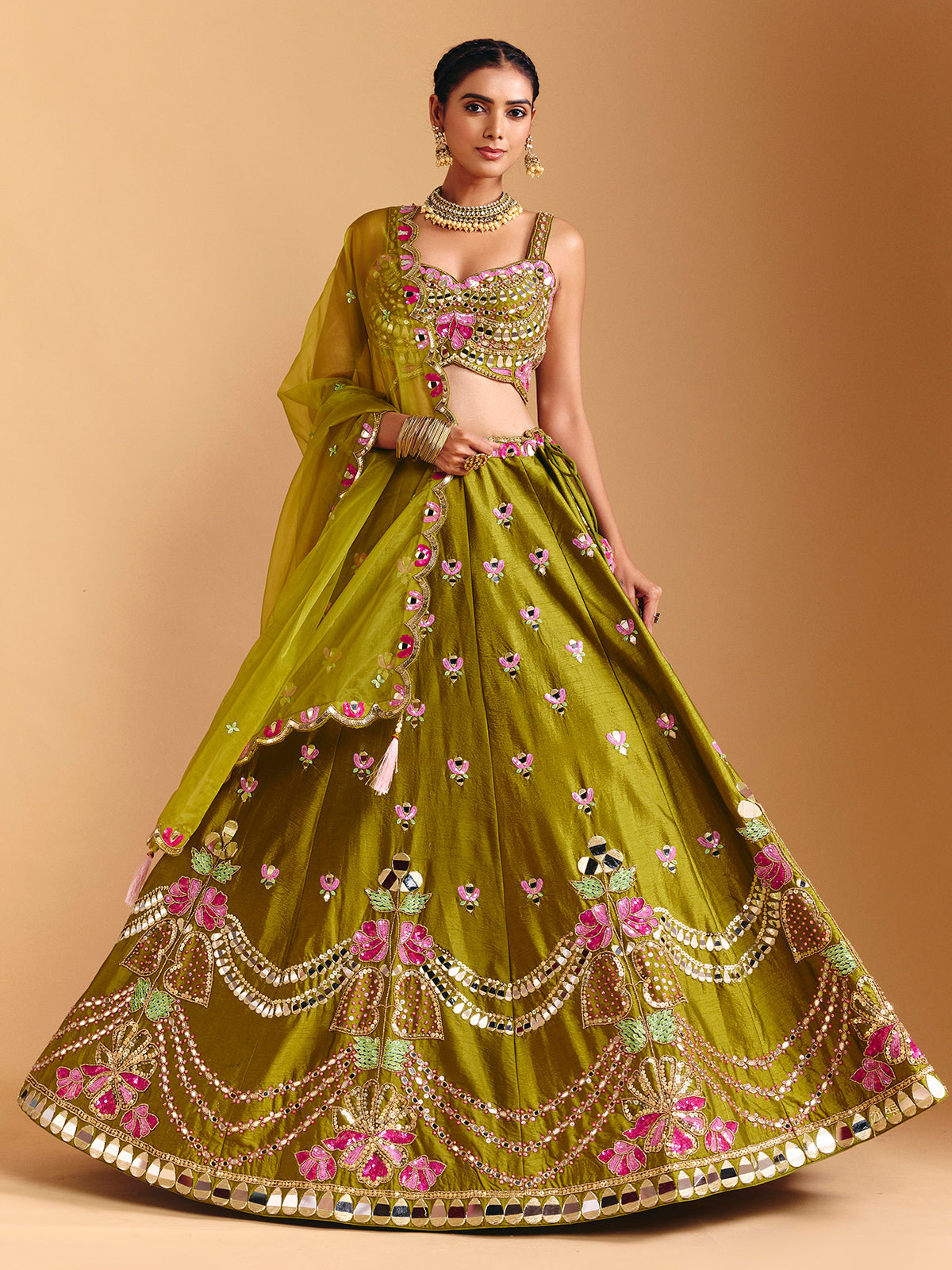 Mehendi olive raw silk lehenga choli with mirror detailing