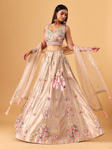 Beige silk lehenga choli with pearls and sequin elegance