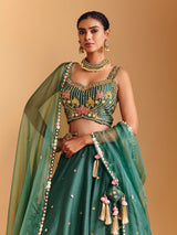 Green raw silk lehenga choli with pearl embellishments