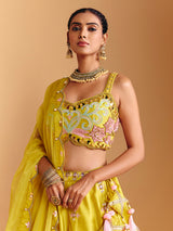 Yellow raw silk lehenga choli with mirror embellishments