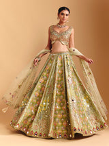 Pista green raw silk lehenga choli with printed artistry