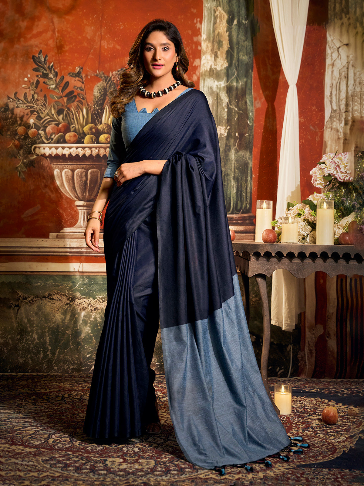 Dark navy cotton saree with stylish tassel pallu