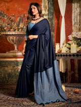 Dark navy cotton saree with stylish tassel pallu