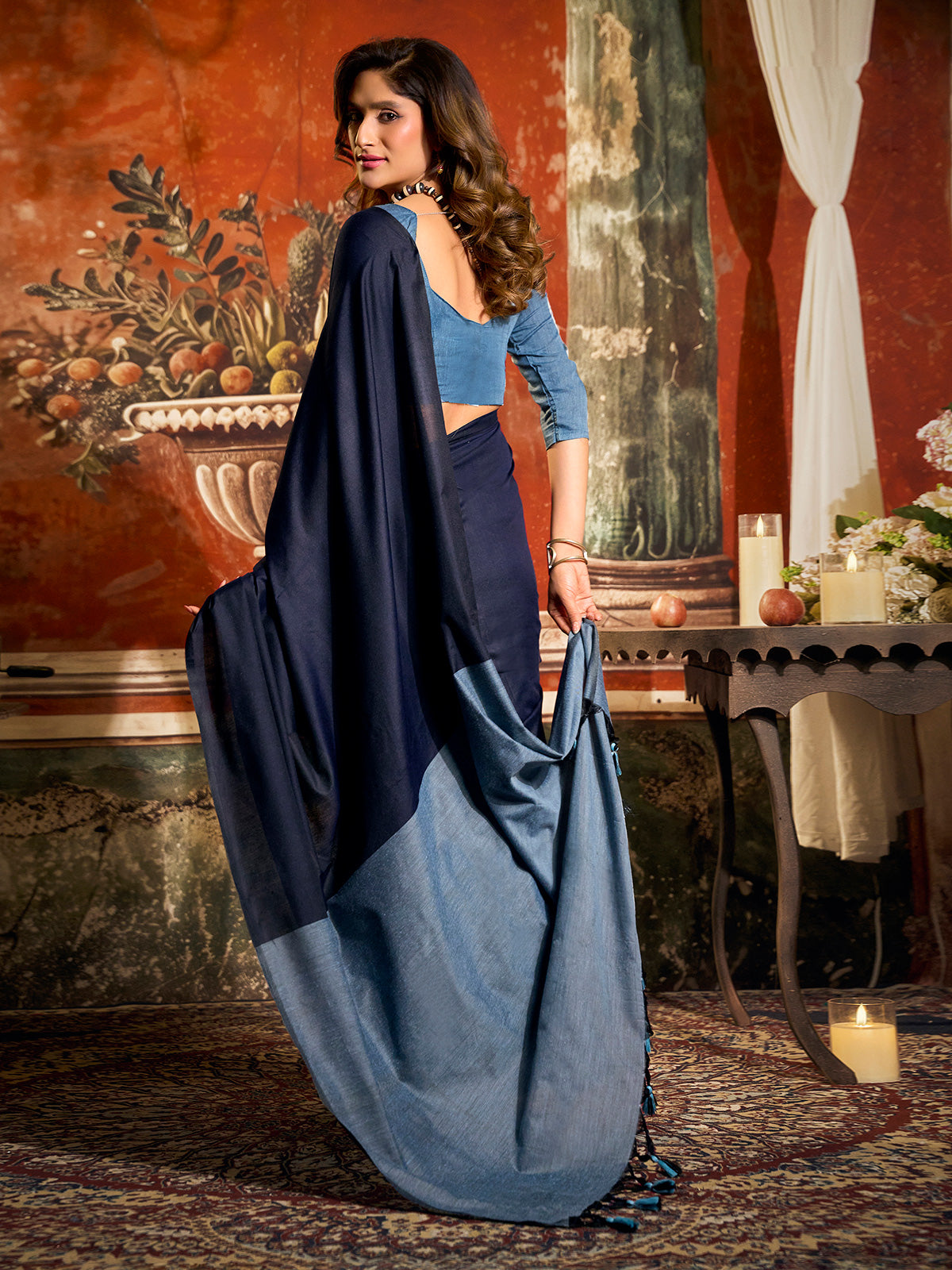 Dark navy cotton saree with stylish tassel pallu