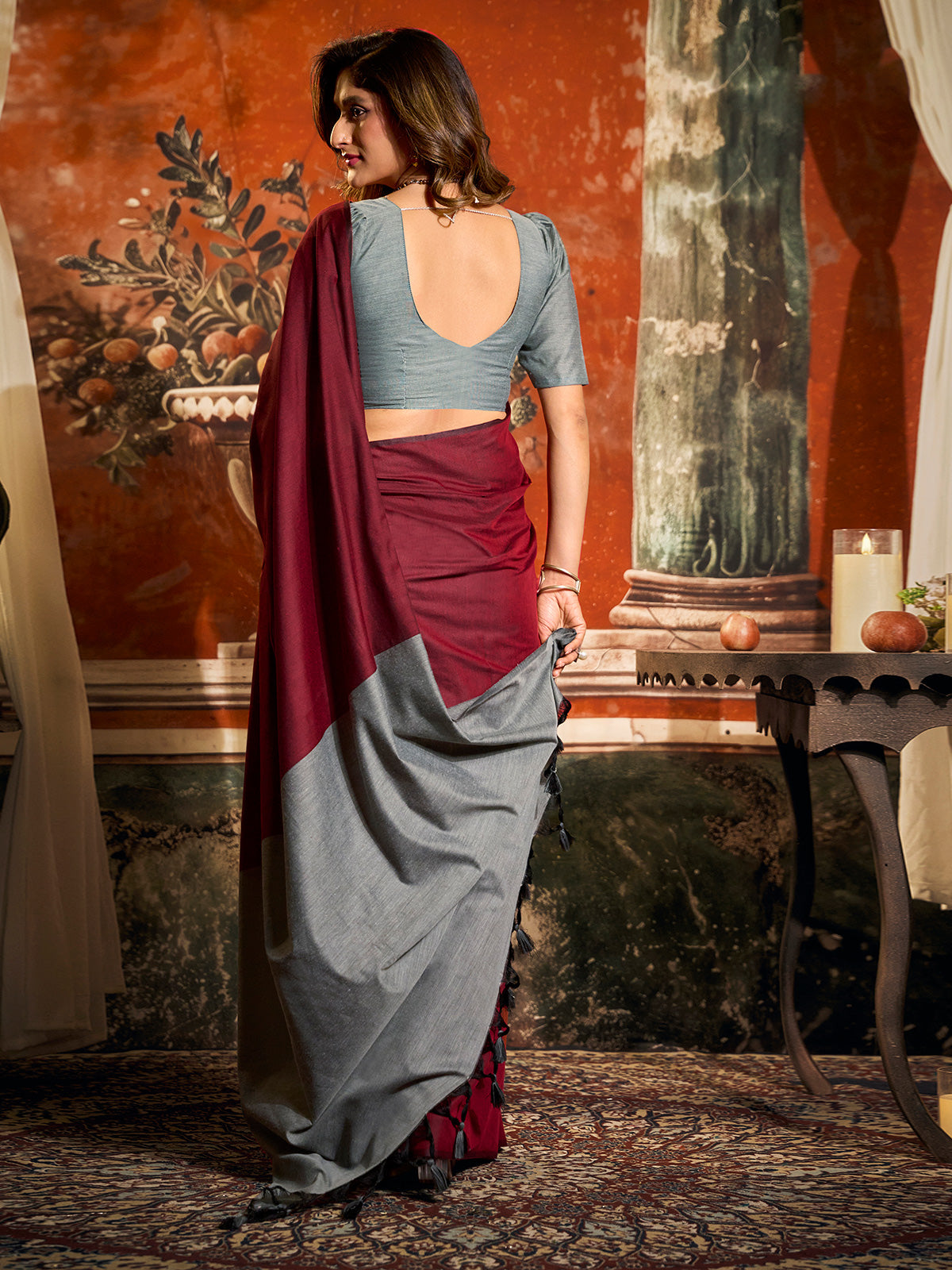 Maroon cotton saree with contrast pallu style