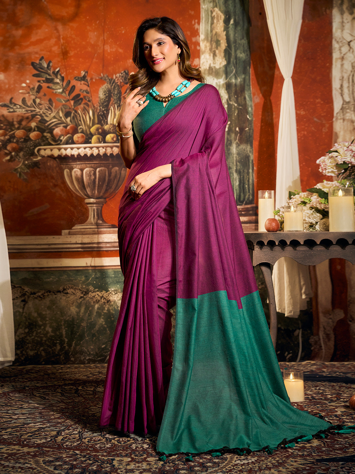 Purple cotton saree with contrast pallu tassel elegance