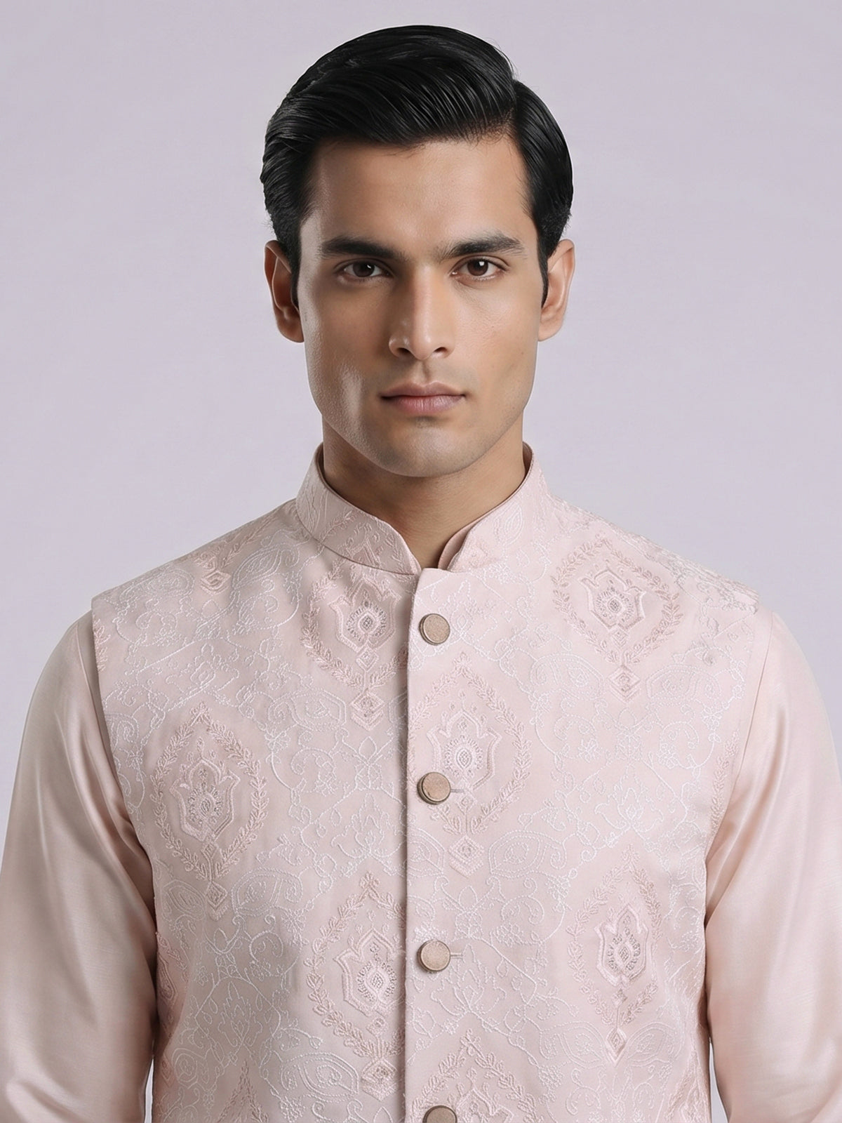 Peach silk linen embroidered festive waistcoat set for men