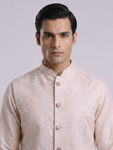 Peach silk linen embroidered festive waistcoat set for men