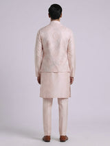 Peach silk linen embroidered festive waistcoat set for men