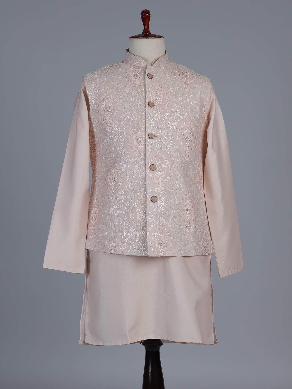 Peach silk linen embroidered festive waistcoat set for men