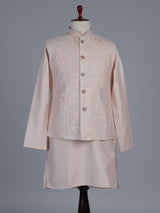 Peach silk linen embroidered festive waistcoat set for men