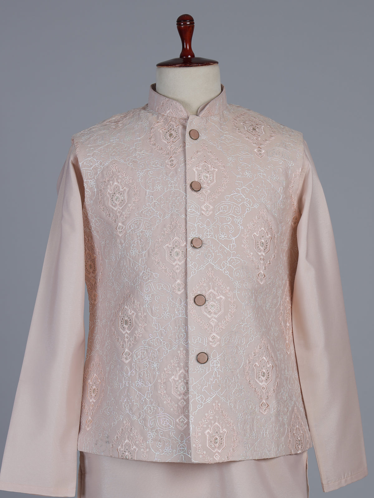 Peach silk linen embroidered festive waistcoat set for men