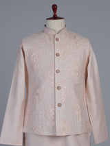 Peach silk linen embroidered festive waistcoat set for men