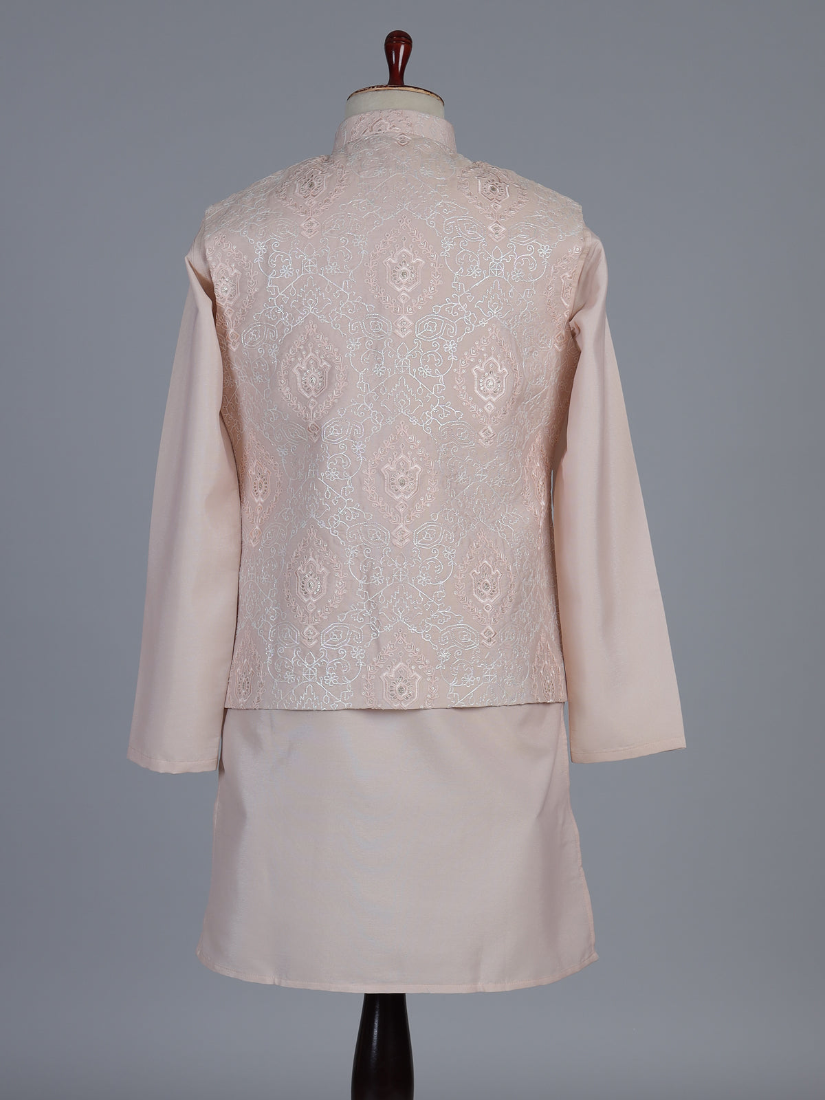 Peach silk linen embroidered festive waistcoat set for men