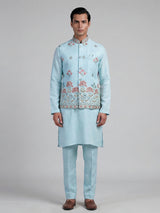 Mint blue cotton linen embroidered festive waistcoat set